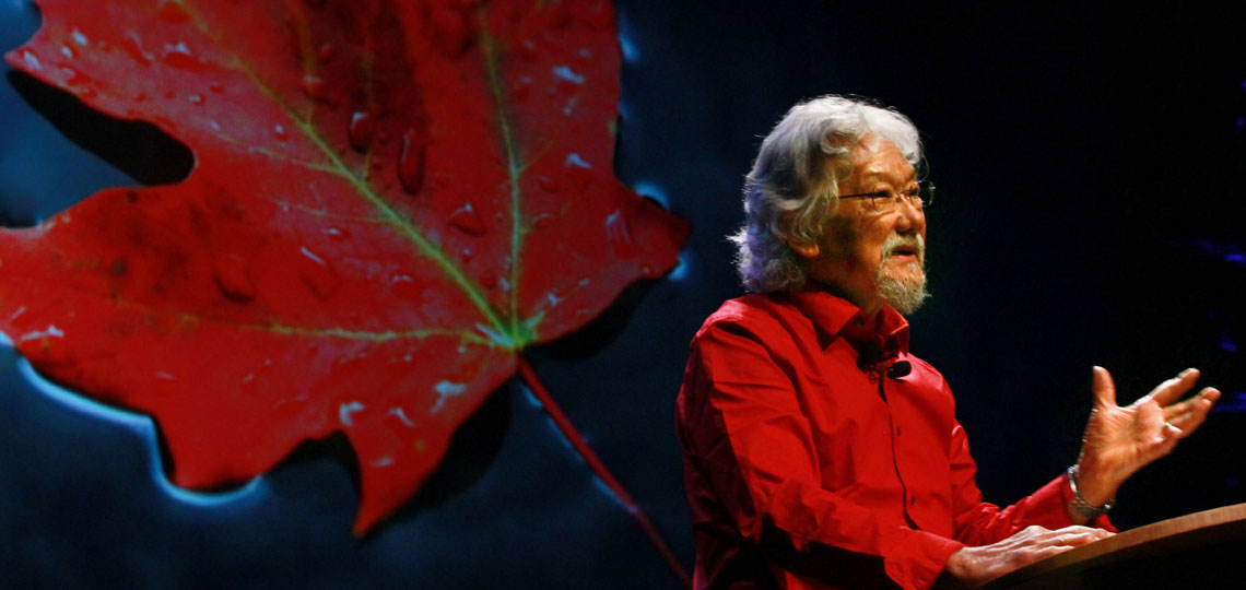 David Suzuki speaks and stands against a maple leaf background. He wears a red shirt and has white hair and a beard.