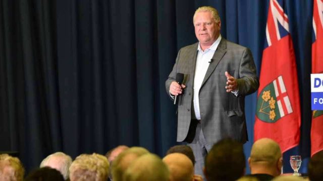 Doug Ford addresses an audience in Sudbury, Ontario