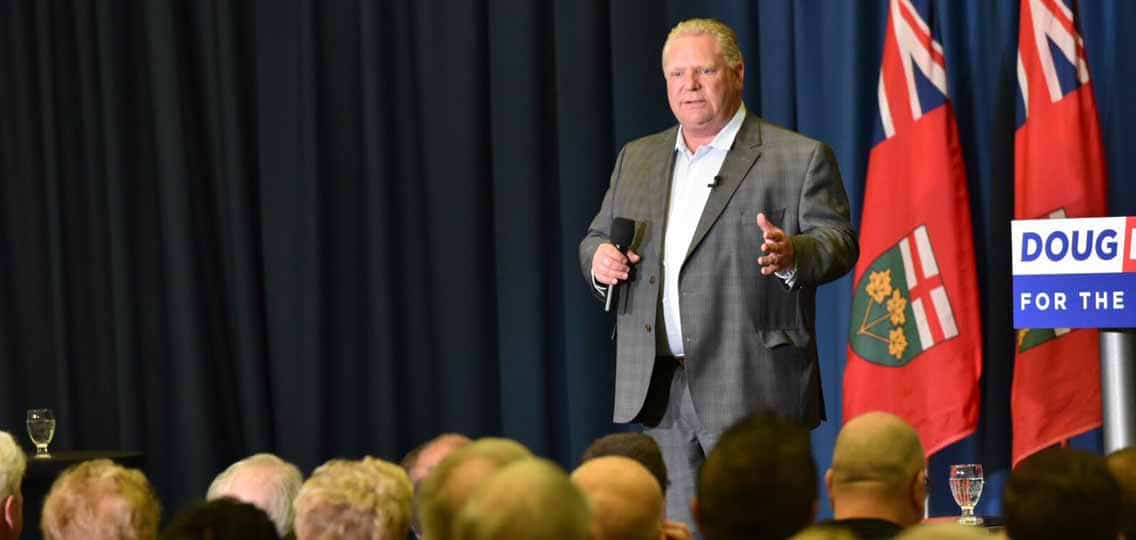 Doug Ford addresses an audience in Sudbury, Ontario