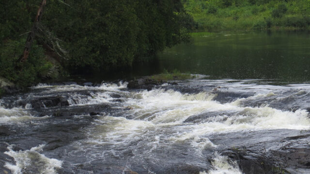 White rapids of water flow down a stream.