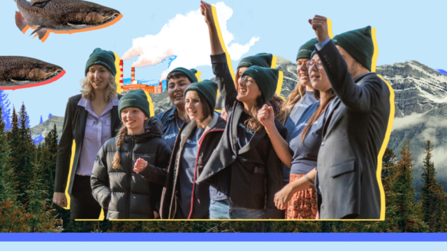 A mixed media collage with a group of people in green toques celebrating. Two fish are placed near them and mountains and an oil refinery are in the background.