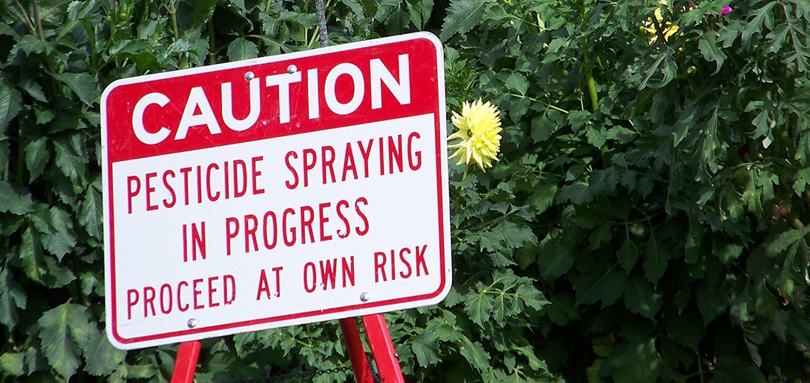 Sign in front of green foliage reads 'Caution: Pesticide spraying in progress. Proceed at your own risk.