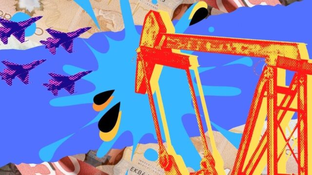 A mixed media collage with a pumpjack and fighter jets on top of a colorful background of money and oil splotches