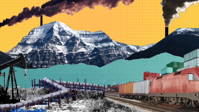 A mixed media collage shows a an oil rig and pipeline beside a train and storage containers. Snow covered mountains and smoke stacks are in the background.