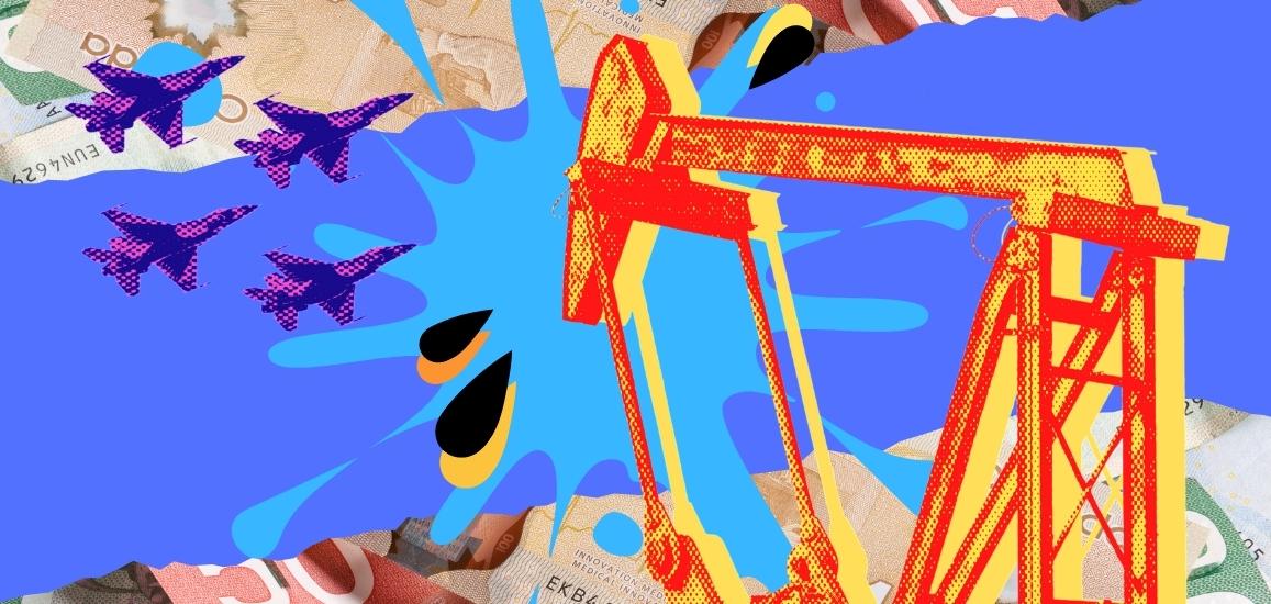 image of a pumpjack and fighter jet on top of a colorful background of money and oil splotches