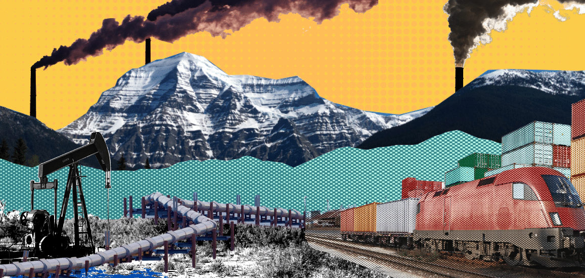 Mt. Robson is shown with polluting smokestacks, pipelines and trains in the foreground.