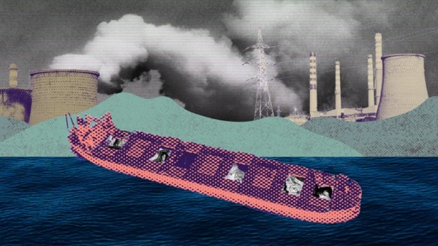 A mixed media collage with a barge on the water. Large industrial smoke stacks fill the air with smoke in the background.