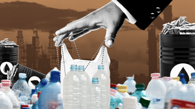 A business man's hand holds a plastic bag. There is plastic waste and oil barrels of money in the background.