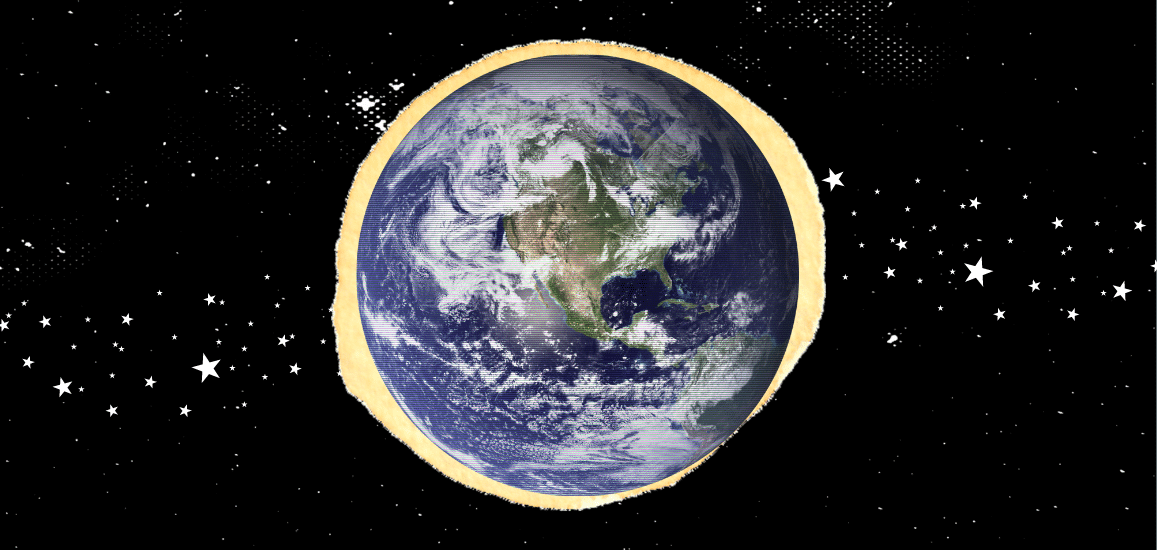 Mixed media collage of the planet earth is placed on a black background with white stars.