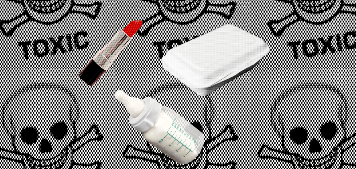 photo showing a baby's bottle, lipstick and to-go container with a repetitive backdrop reading 
