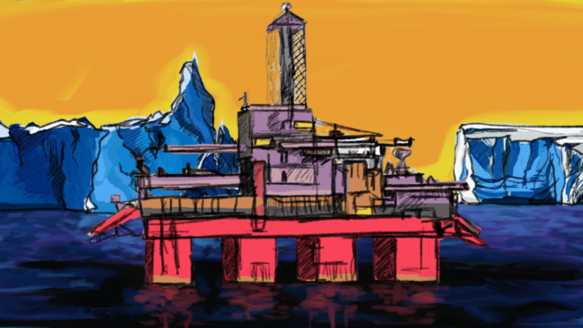 A sketched red oil rig in blue water. Blue glaciers are in the background.