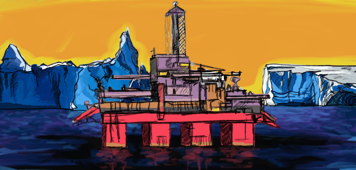 A sketched red oil rig in blue water. Blue glaciers are in the background.