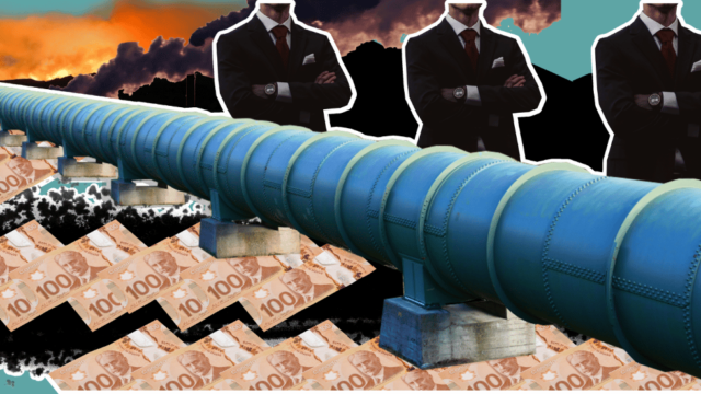 Mixed media collage of a long pipeline, 3 men in suits stand with crossed arms and many hundred dollar bills
