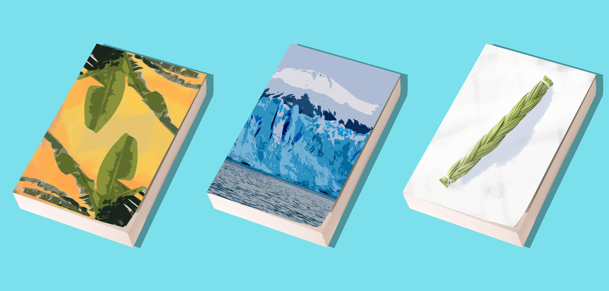 Three cartoon environmental books on a blue background