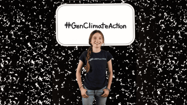 a student stands in front of a black and white background with text hashtag Gen Climate Action