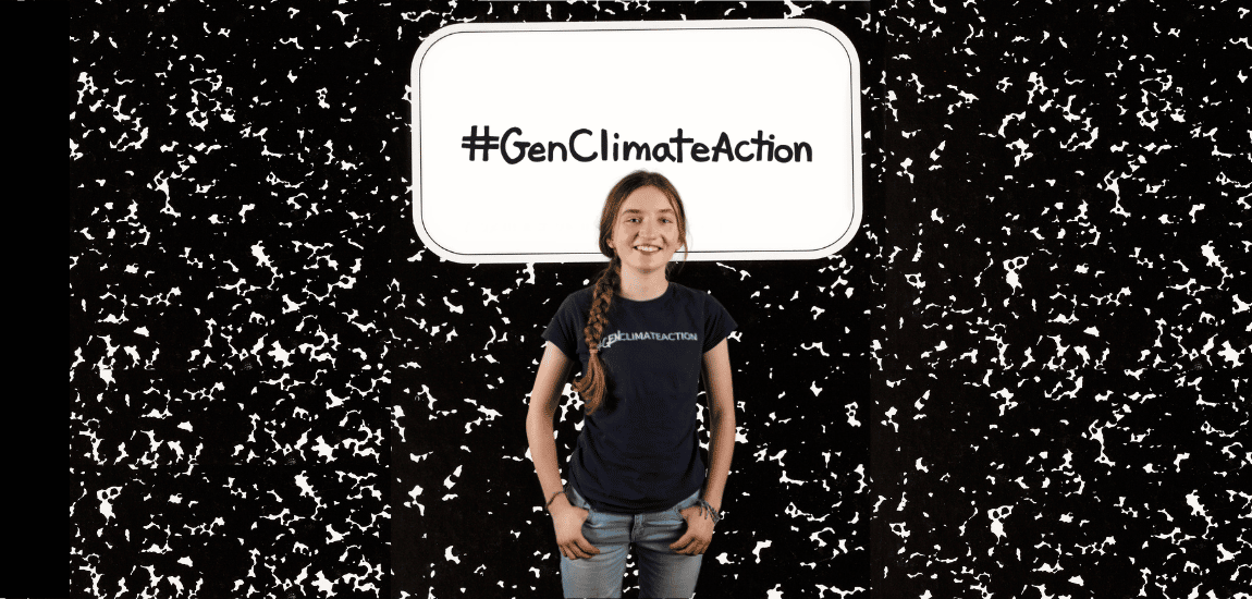 Youth climate client Zoe on a notebook background with #GenClimateAction
