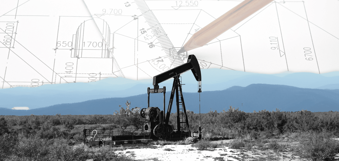 An oil field with a large pump. Blue mountains are in the background. Overlaid is the faint image of rulers and a pencil.