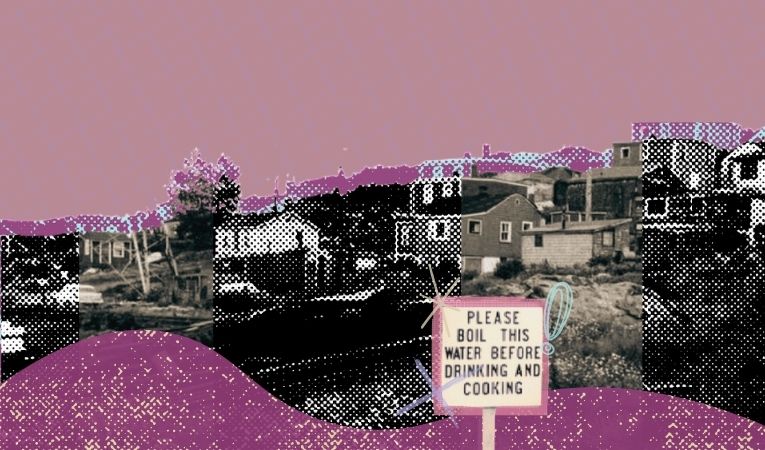 A collage of the town of Africville with a sign that says “please boil this water before cooking and drinking”