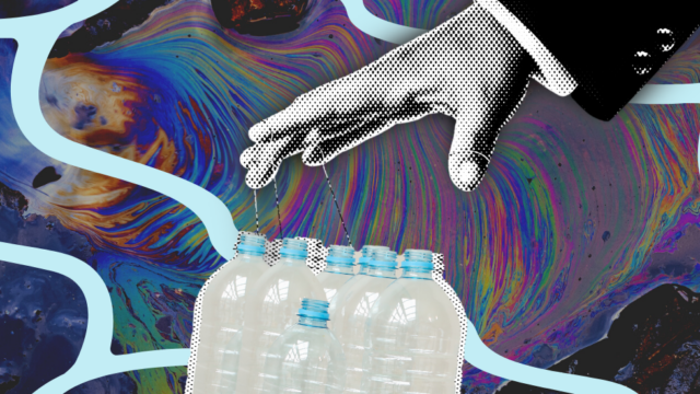 A collage of an iridescent chemical oil spill behind a hand reaching for clear plastic bottles.