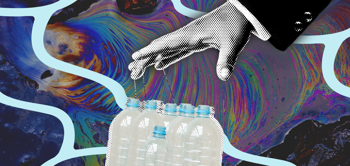 A collage of an iridescent chemical oil spill behind a hand reaching for clear plastic bottles.