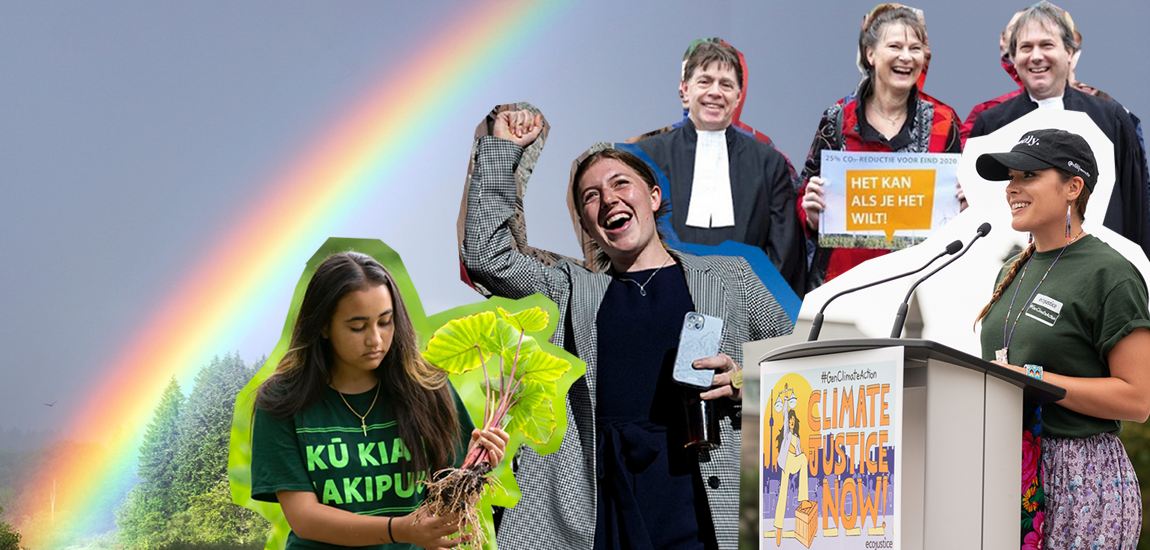 An inspiring collage image featuring climate activists from various climate litigation movements, superimposed on a stunning landscape backdrop with a vibrant rainbow arching across the sky.