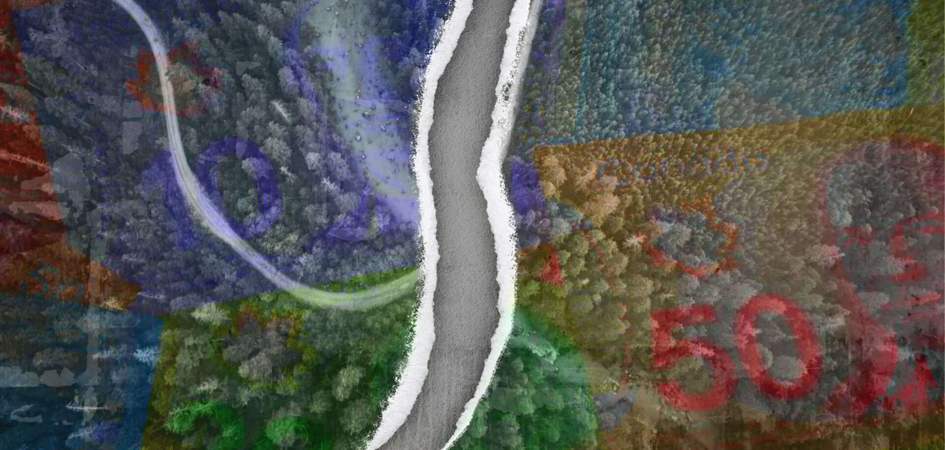 A decorative collage of an abstract road over an aerial view of a boreal forest.