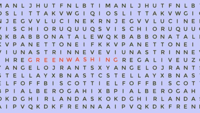 A wordsearch with the word greenwashing in red against lilac background.