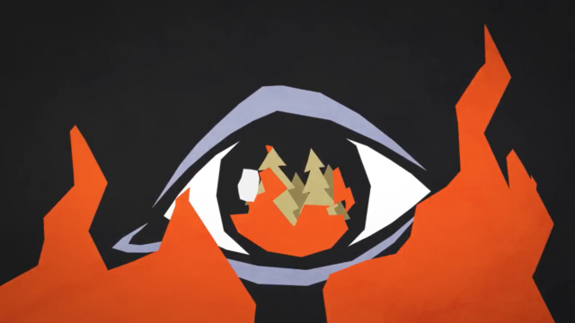 An illustrated eye above stylised wildfire.