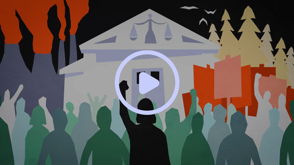 Illustration of a group of people outside a court of law. Play button imposed on top.