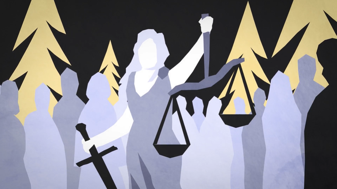 A stylized Lady Justice in front of a group of people and trees.