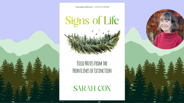A collage of Sarah Cox with her new book, Signs of Life