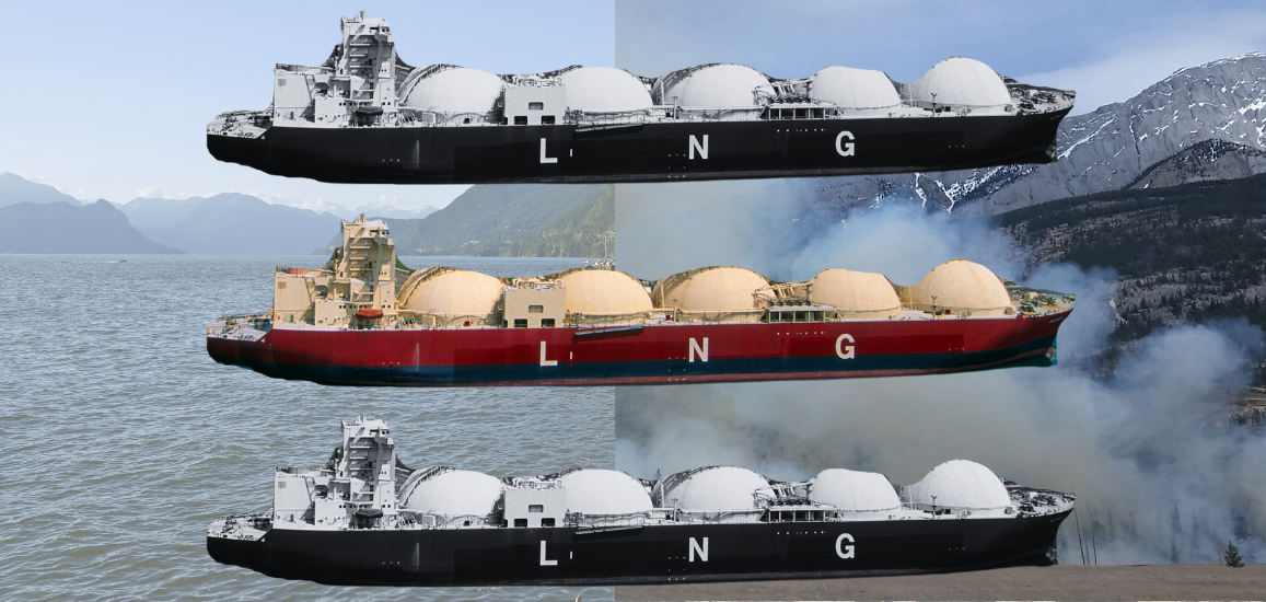 LNG carriers collaged over a scene of wildfire and British Columbia's coast